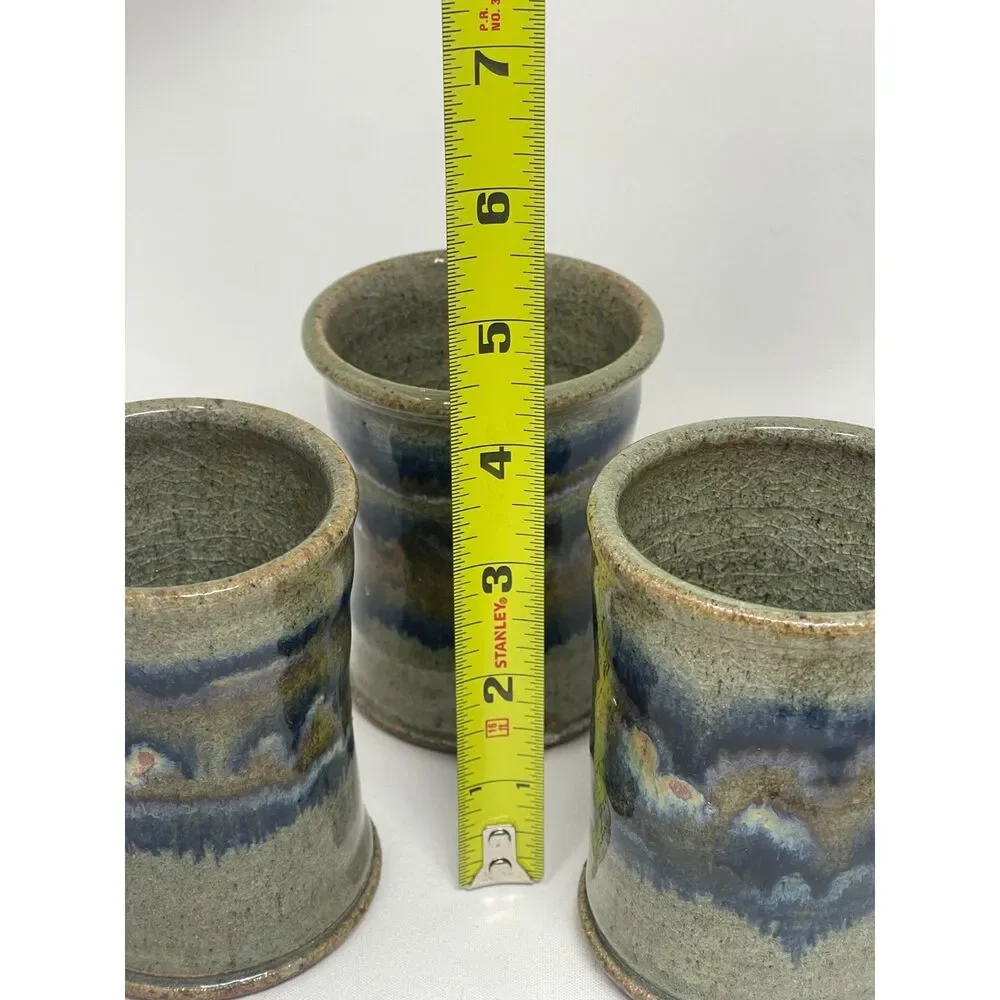 Pottery Air Plant/Vase/Mug Cup Ceramic Clay Handmade Blue Grey Set of 3 Signed